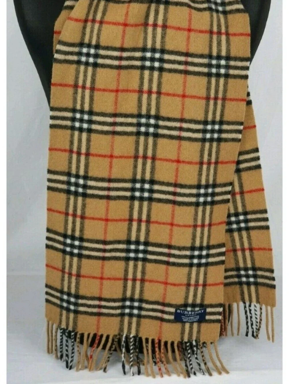 Vintage 100%,Lambswool Burberry Tan Plaid Scarf with Black, White and Red Checks
